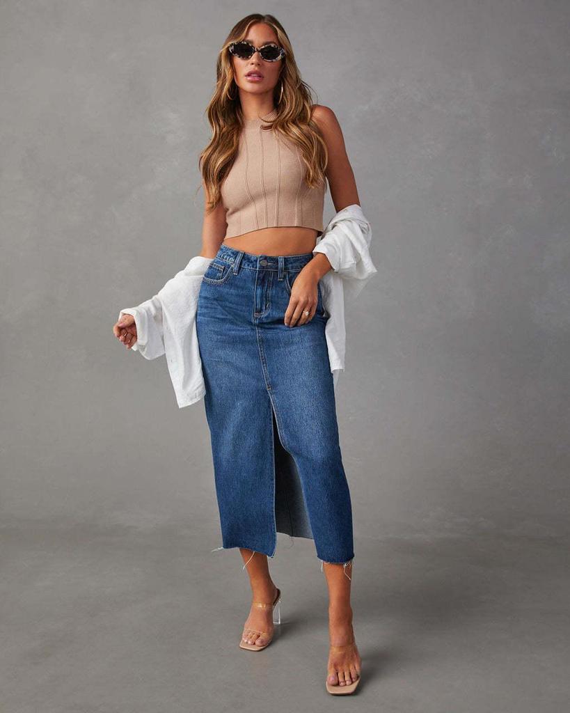 2024 Women's High Waist Washed Denim A-line Midi Skirt In European and American Style