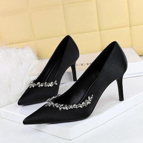 Fashion Elegant Party High Heels Pointed Toe Satin Rhinestone Stiletto Pumps Women Shoes