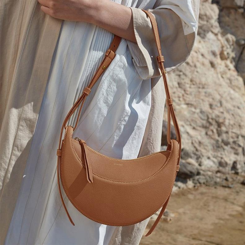 Polen Paris Niche Lychee Grain Crescent Leather Shoulder & Crossbody Bag for Women