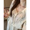 Kumikumi Gentle Style Apricot Embroidery Loose Shirts Women Clothes Summer Retro Thin Lace-up 3/4 Sleeve Top