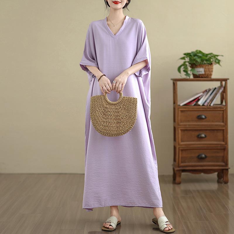 שמלת מקסי ארוכה רטרו מכותנה ופשתן עם צווארון V, פרחונית, לקיץ 2025