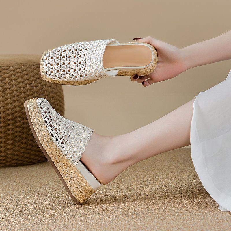 Hollowed-out Woven Toe Cap Half-slipper Women's 2025 Summer Breathable Insole Height-increasing Straw Woven Thick-soled Shoes