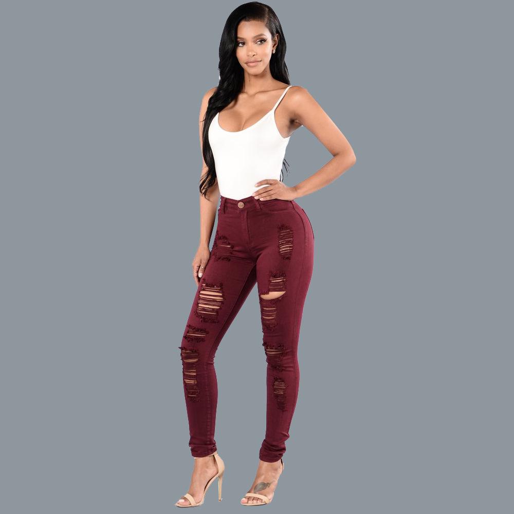 Women's High Waist Skinny Jeans Slim Fit Ripped Denim Pants Casual OL Stretch Long Denim Trousers For Daily Wear