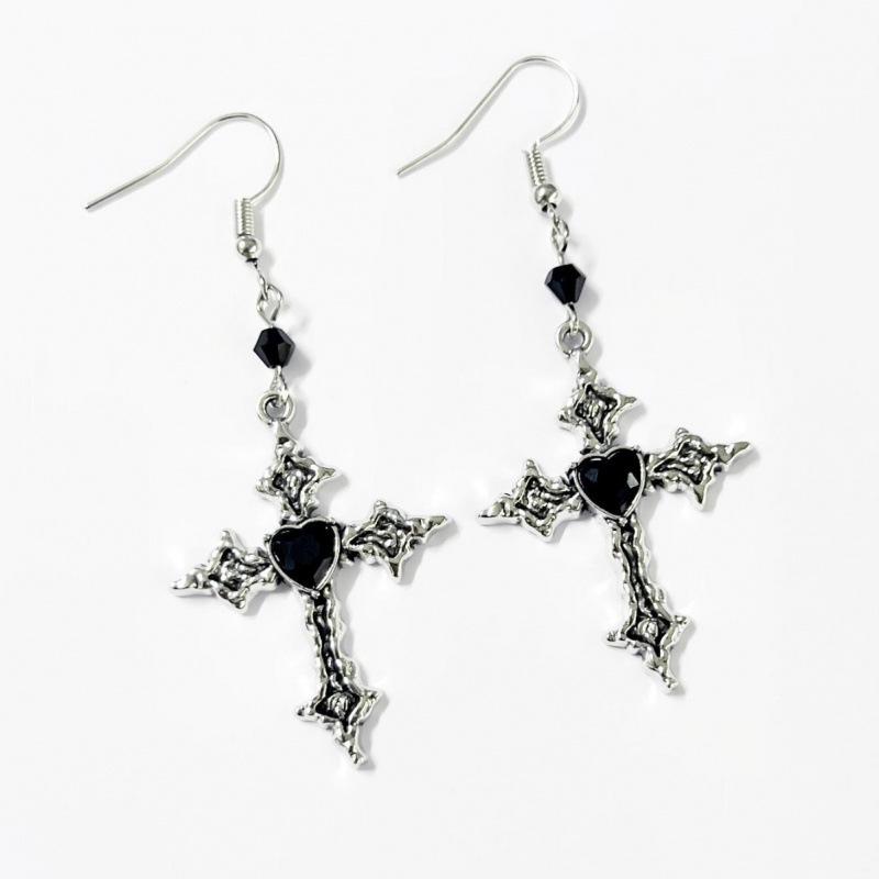 Gothic Style Red Heart Cross Earrings