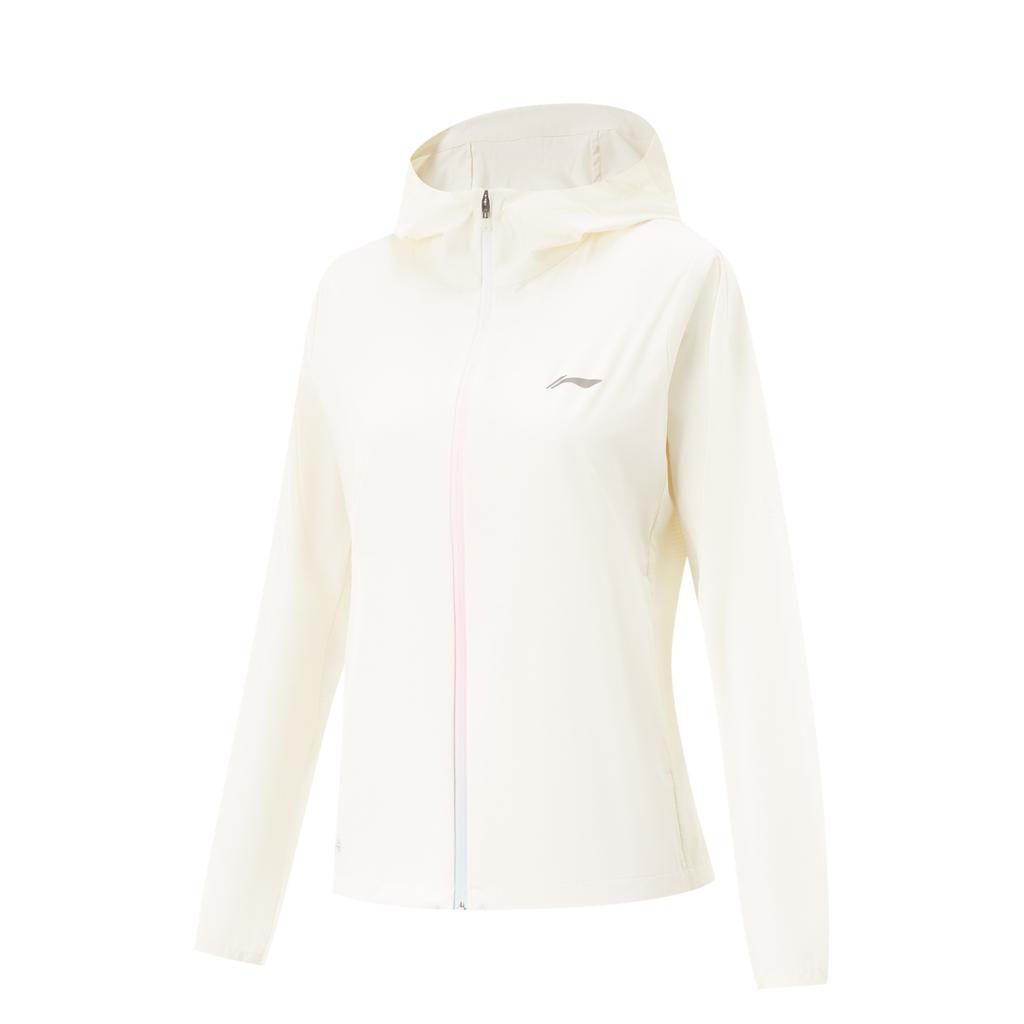 Li Ning Running Series Sports Casual Minimalist Solid Color Mirror Sun Protection Jacket Hooded Zipper Coat Women Jacket Champagne-White AFDV252-1
