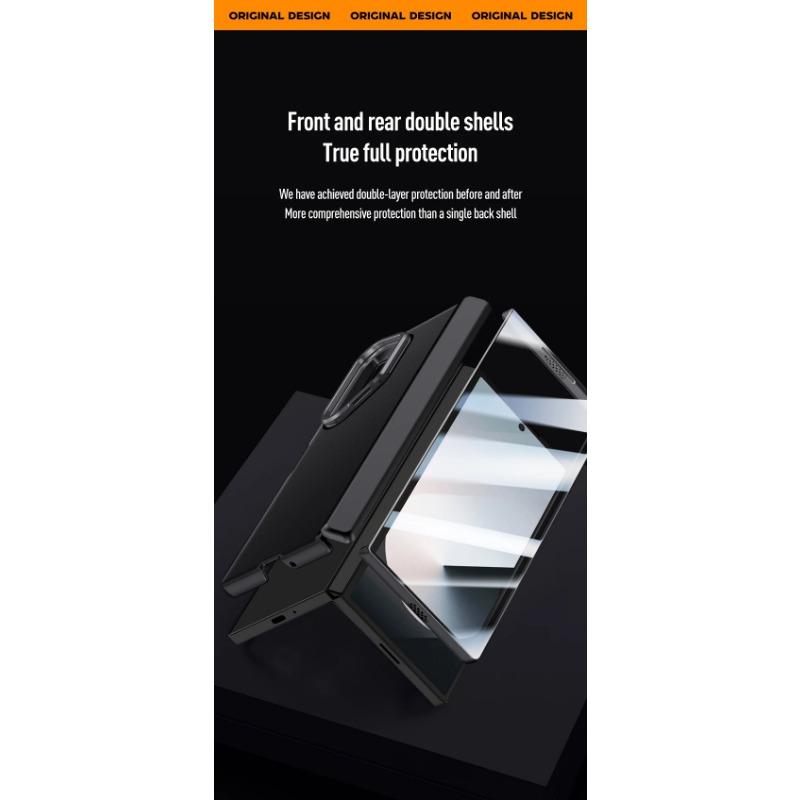 For Samsung Galaxy Z Fold 6 Case Shockproof Skin Feel PU Leather Hinge Folding Metal Lens Stand Cover with HD Tempered Glass