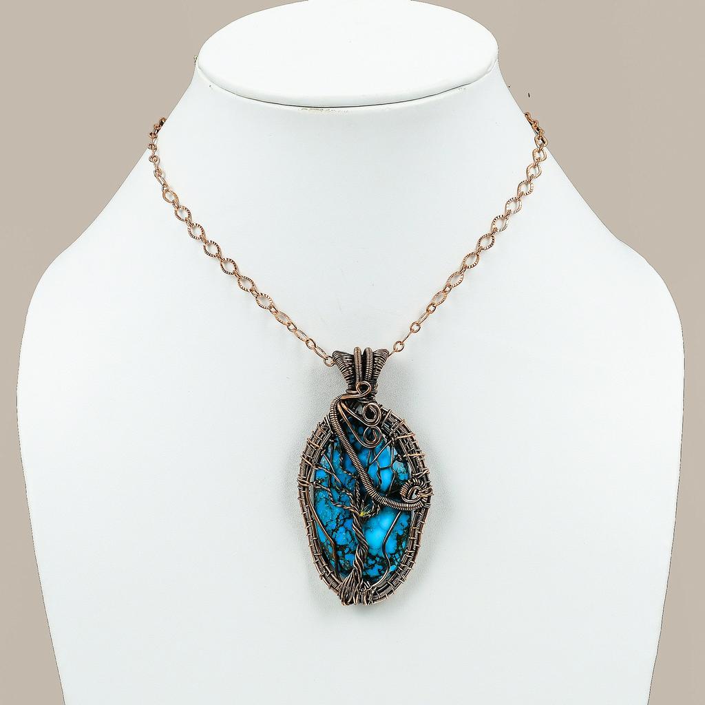 Natural Tibetan Turquoise Gemstone Copper Wire Wrap Gift Pendant 2.76 g6Q67