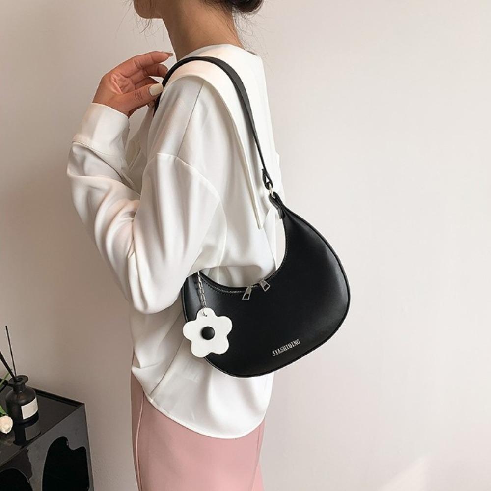 Dumpling Shape Flower Shoulder Bag Flower Pendant Women Underarm Bag Half-moon Bag  Streetwear