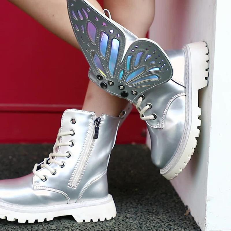 Girls Boots Autumn Winter Fashion Butterfly Princess Botas Casual Non-slip Ankle Boots Silver Patent Leather Kids Shoes 2026