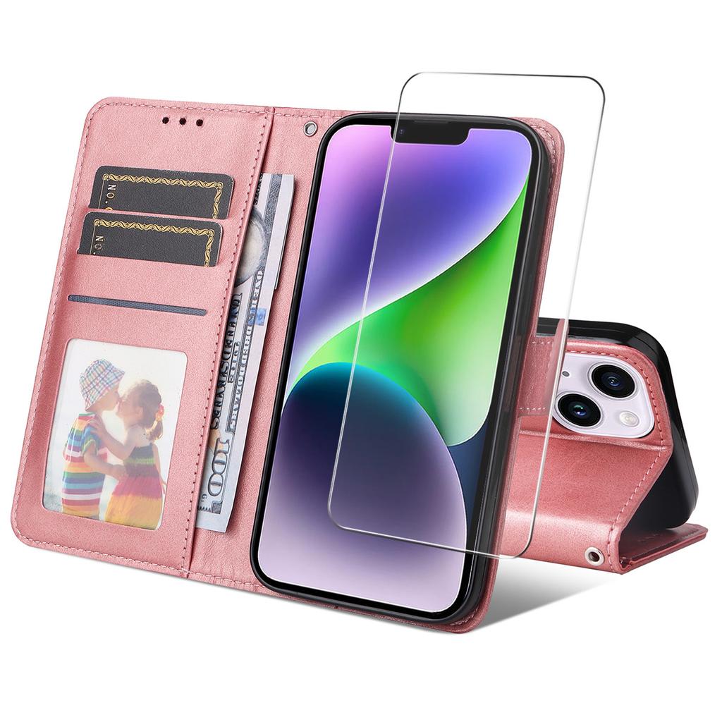 For iPhone 15 PU Leather Wallet Case Phone Stand Cover with Tempered Glass