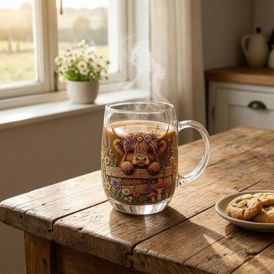 350ML Hand-painted Highland Cow Glass, Highland Cattle Coffee Mug with Handle, Heat-Resistant Tea Milk Water Drinking Cup