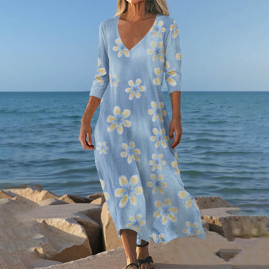 Robes Pour Femmes Tunique Imprimé Vintage Taille Ajustée Robe Midi Été Décontractée Manches 3/4