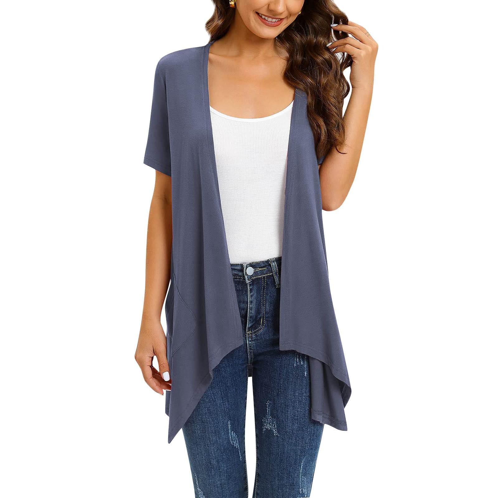 Женская мода сплошной цвет нерегулярный кардиган с короткими рукавами и карманами пальто — фото 6