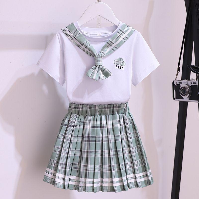 Moda de Verano para Niñas Conjunto de Uniforme JK Estilo Universitario Falda Plisada a Cuadros 2 Piezas Ropa Casual Escolar para Adolescentes