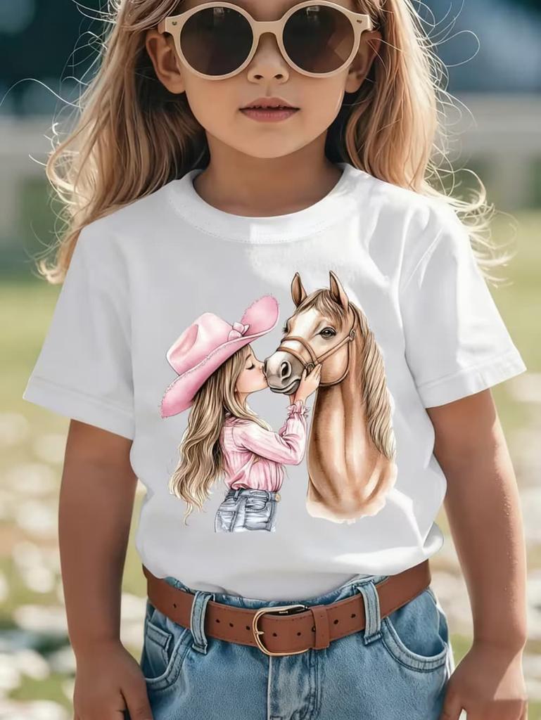 Vestiti per Bambina Ragazza Carina Baci Stampa Cavallo Estate Manica Corta Casual Larghi Top per Bambini T-Shirt per Ragazze da Esterno Abbigliamento per Bambini