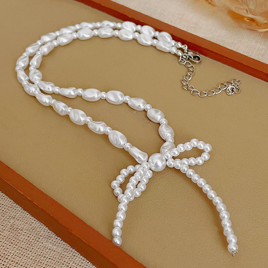 Elegant Bowknot Necklace Irregular Pearl Beaded Choker for Women Girls Korean Fashion Clavicle Chain Party Jewelry Gift
