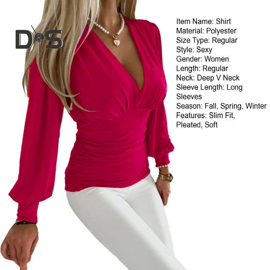Women Spring Shirt Deep V Neck Pleated Striped Color Matching Long Sleeve Solid Color Lantern Sleeve Slim Fit OL Commute Top