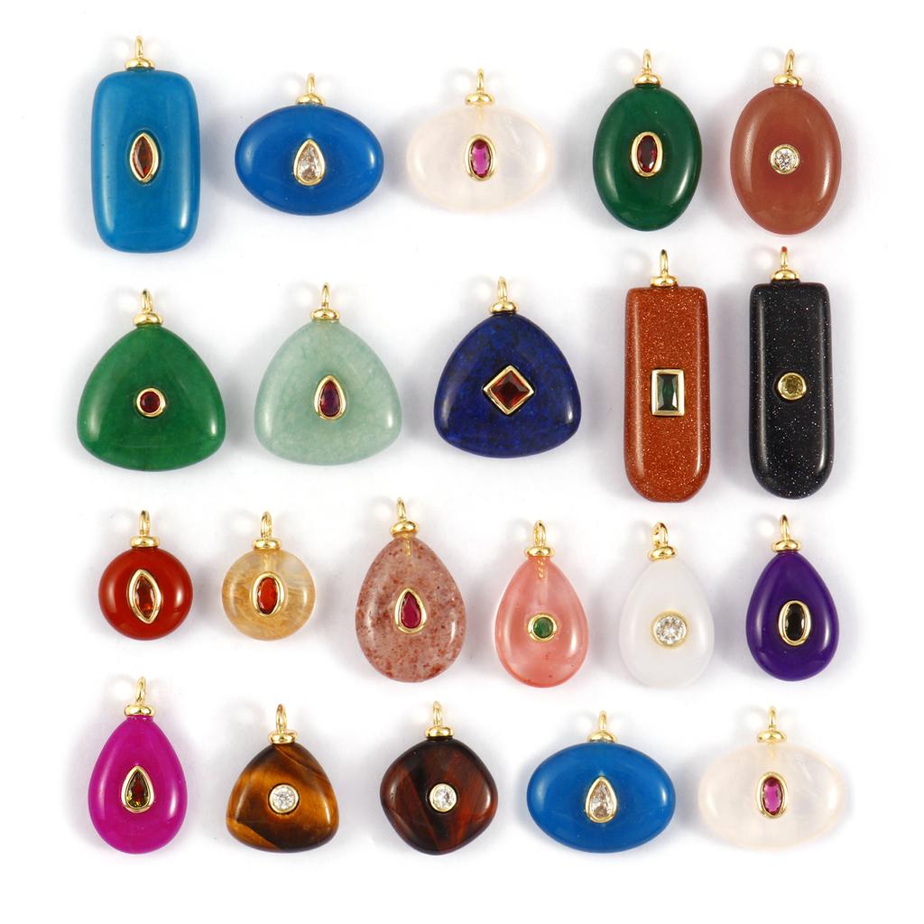 1PC Natural Stone Brass Charms 18K Gold Plated Cubic Zirconia & Gemstone Geometric Pendants for Women Diy Necklace Making