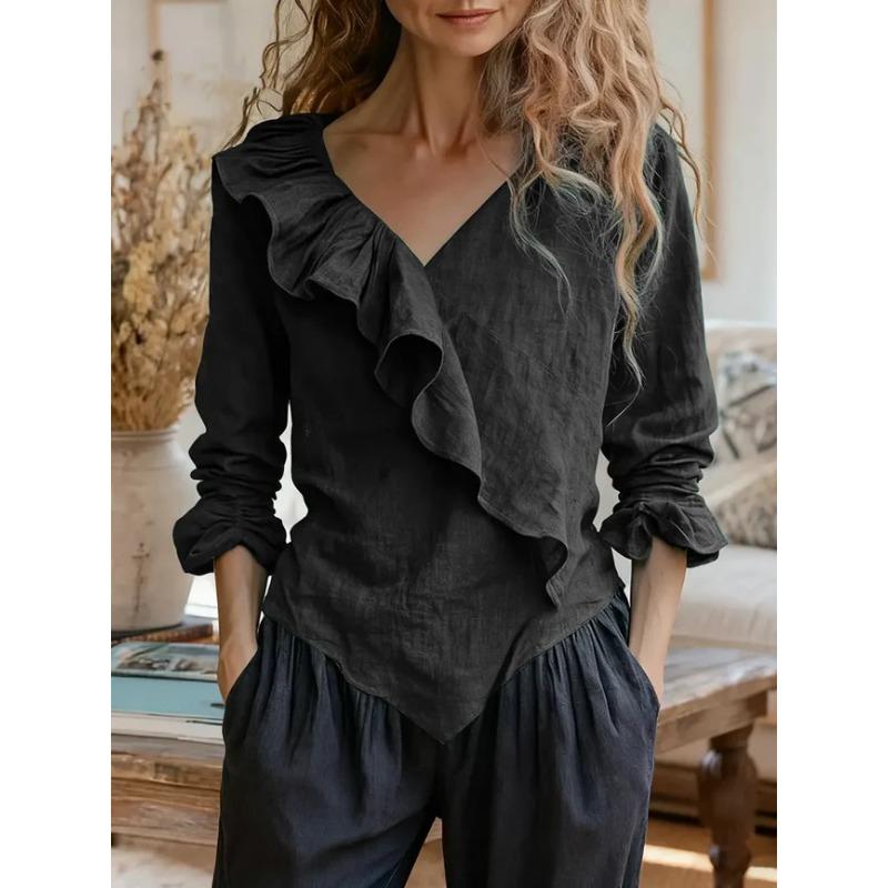 Women's Ruffle V-Neck Linen Blouse - Loose Long-Sleeve Casual Shirt