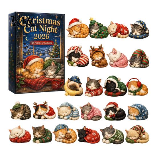 Cute Cat Collection Christmas Advent Calendar, 24 Day Countdown with Ornaments, Calendar for Girls 2D Acrylic Kitty Holiday Decorations, Gift