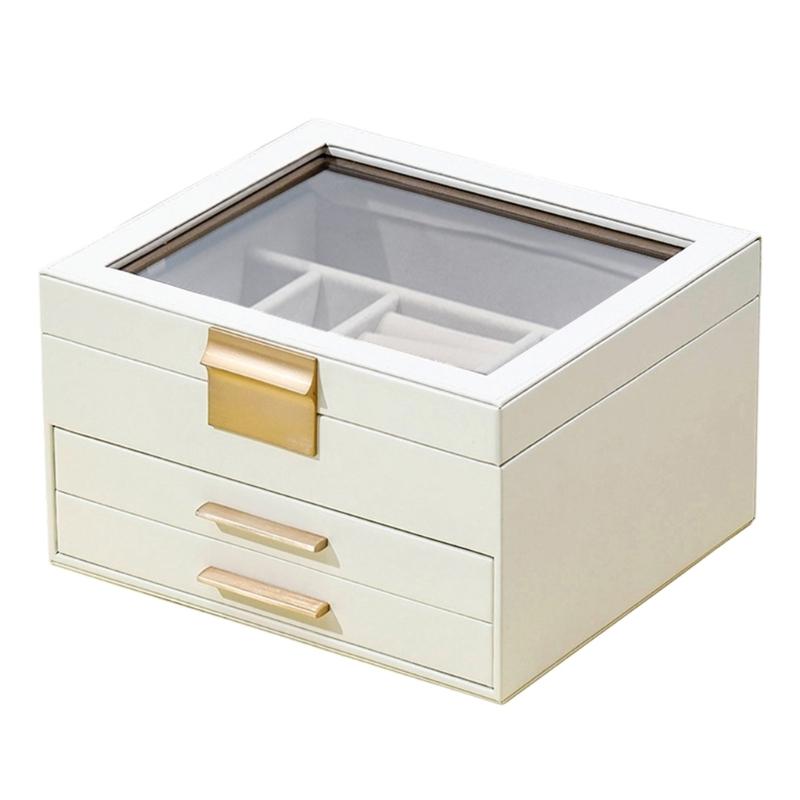Трехъярусный органайзер для украшений с прозрачным верхним окошком, exterior из ПУ-кожи, золотые акценты, фланелевая подкладка для ожерелья белый