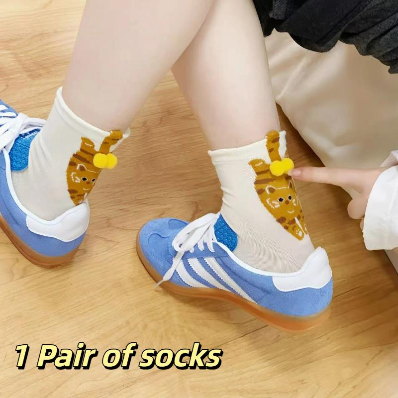 

1/2 пары мультяшные милые кошачьи носки для спорта для женщин, девушек, летние носки средней длины, забавные мультяшные носки с кошачьими бубенчиками