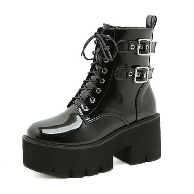 2024 Winter 7,5 cm Heels Neue Punk Europäischen Trend Stiefel Runde Kopf Gürtel Schnalle Dicken Boden Kurze Stiefel Frauen Lhx