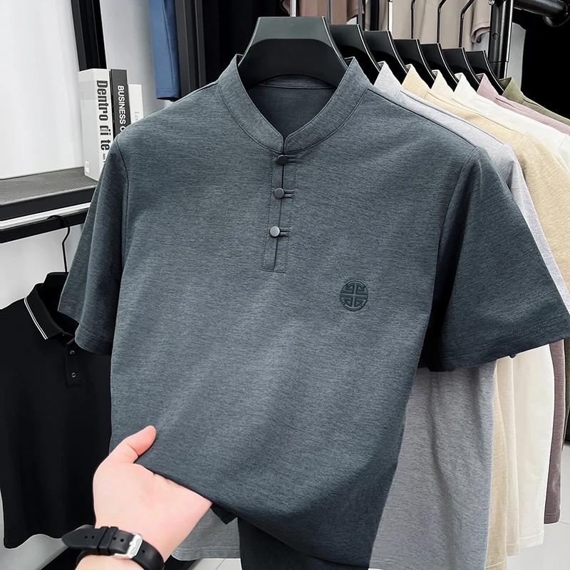 

Men s Mandarin Collar Short Sleeve T-Shirt Casual Chinese Style Button Henley Shirt M темно серый