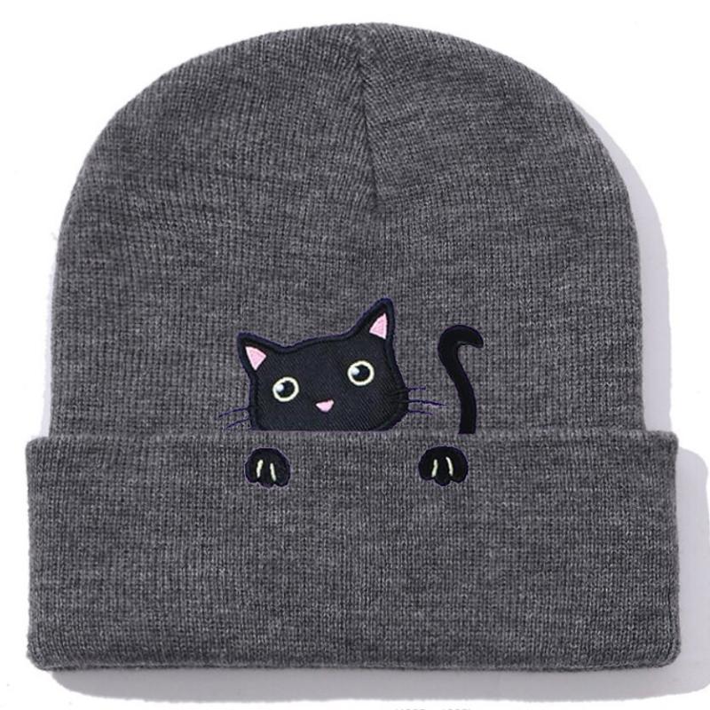 Winter Female Cat Embroidered Bonnets Cute Cat Acrylic Knitted Hats Soft Warm Beanies For Women Men