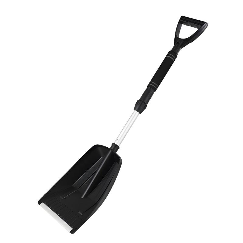 Vehicle Snow Shovel with Curved Shovel Head and Reinforcing Ribs, 3-in-1 Telescoping Tool for Snow Clearing, Ice Scraping, and In-Car Storage