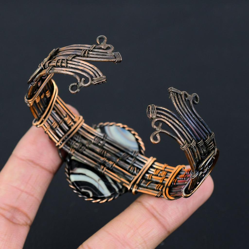 Carved Sulemani Agate Handmade Copper Wire Wrap Bangle Adjustable s9r27