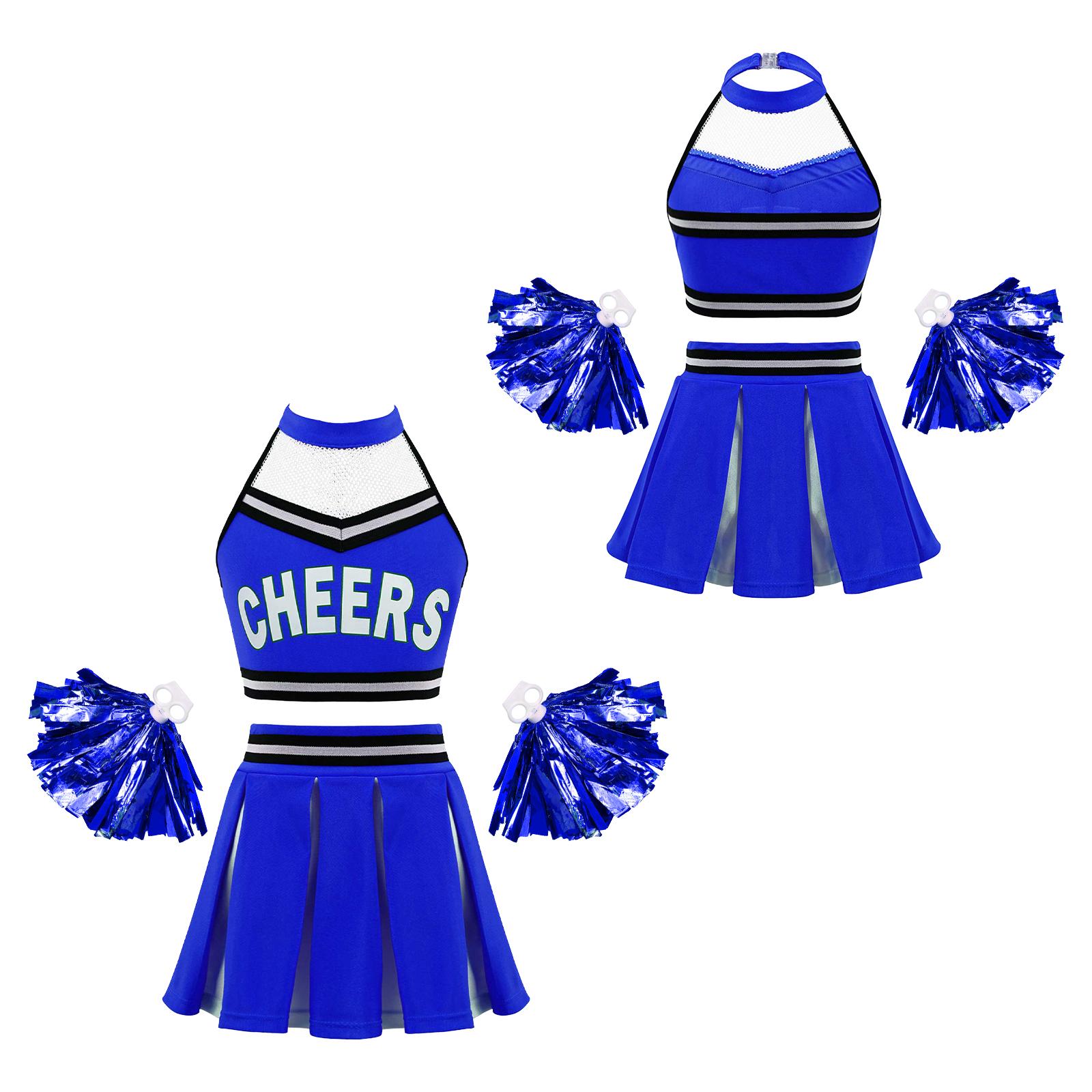 

Костюми для черлідингу. Дитячий набір танцювального одягу для дівчаток. Укорочений топ з літерами + спідниця + квіти для рук 15-16 Years королівський синій колір