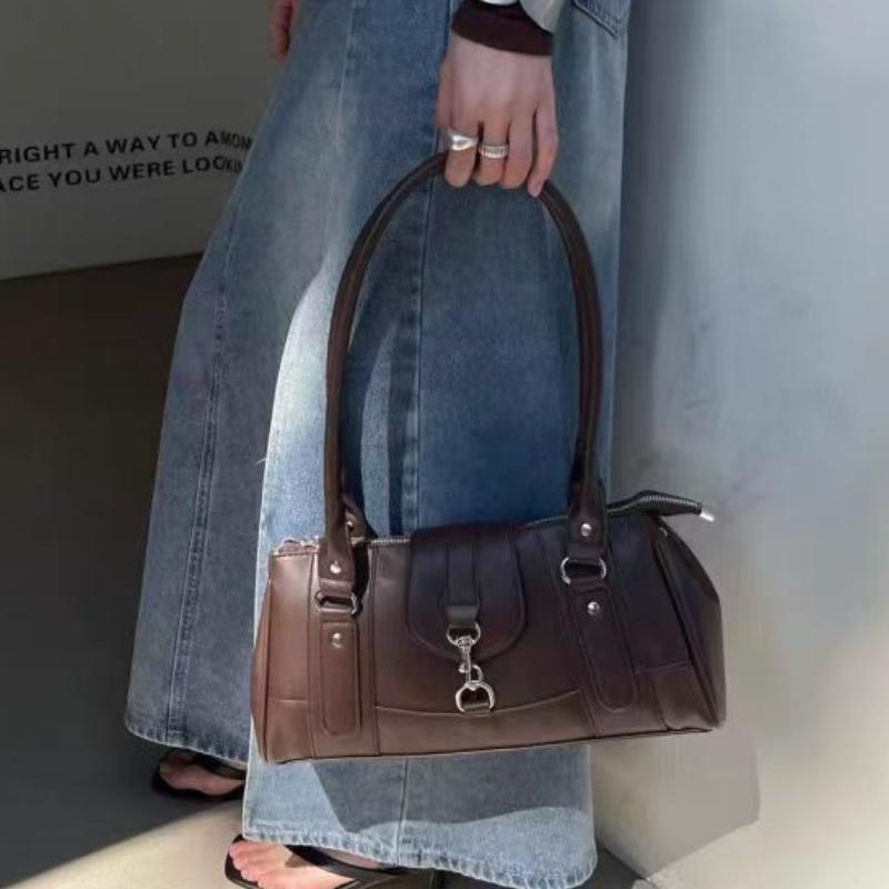 Retro Lock Shoulder Bag, Large Capacity Bost Underarm Bag Women's Fashi Versatile Handbag Solid Color Simple Commuter Bag