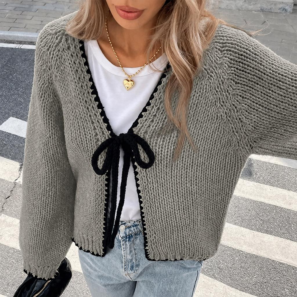 Women's Casual Loose Fit Knit Cardigan with Self-Tie Waist, Color Long Sleeve