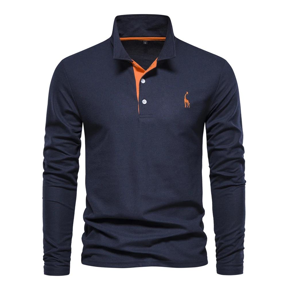 Trend Hub New Men's Deer Embroidery Polo Shirts Solid Color Long Sleeve Social Business Male
