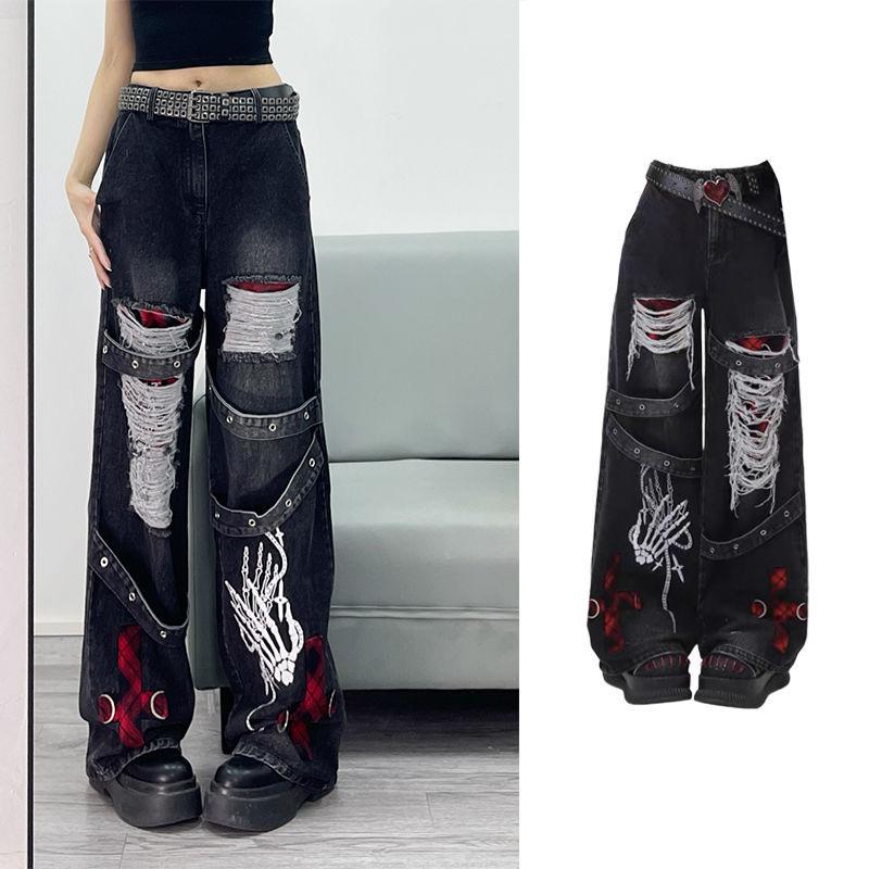 Women s Y2K High Street Wide-Leg Distressed Jeans - Retro, Ripped, Loose, and Slimming. L