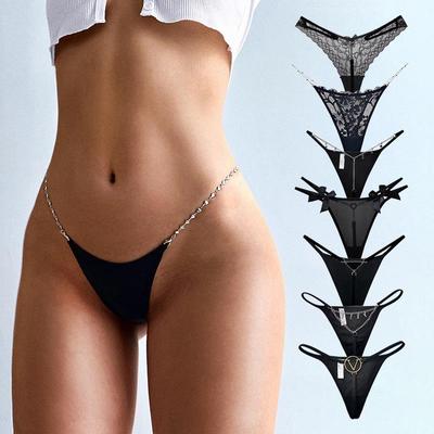 Women's Solid Color Metal Chain Panties Thong Trendy Sexy