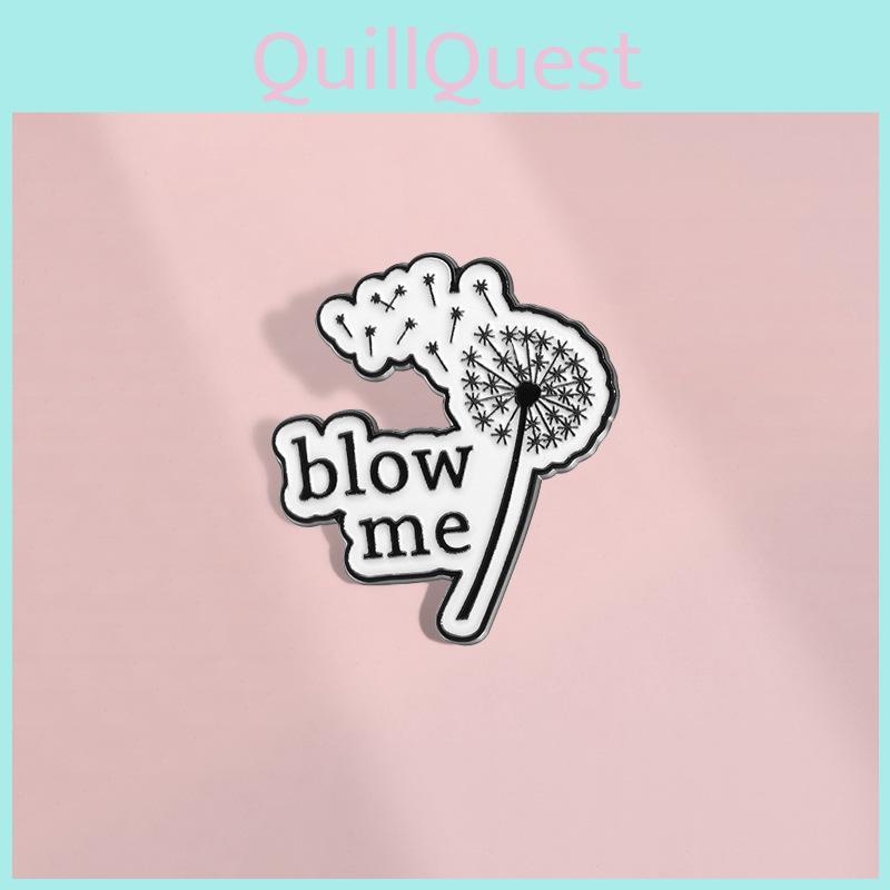 Elegant And Black White Enamel Brooch With Playful Dandelion Motif And Bloe Me Text Ideal For Unisex Accessories Fashion