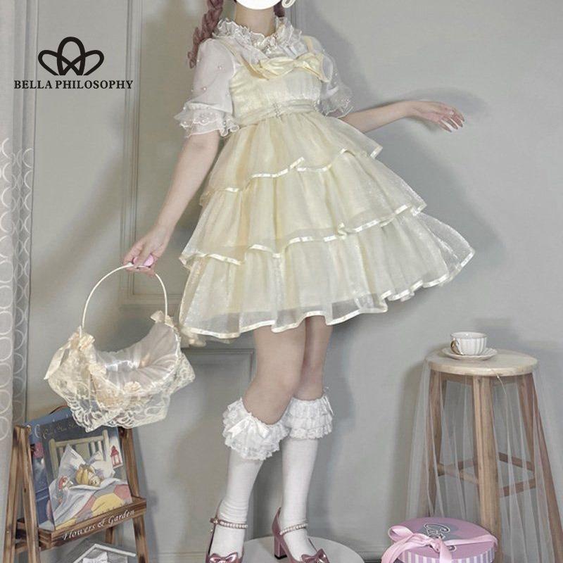 Lolita Guardian Sweetheart Bow Cake Dress Słodka JK Pończoch Drukuj Siatka Bufiasta sukienka księżniczki Kobieta