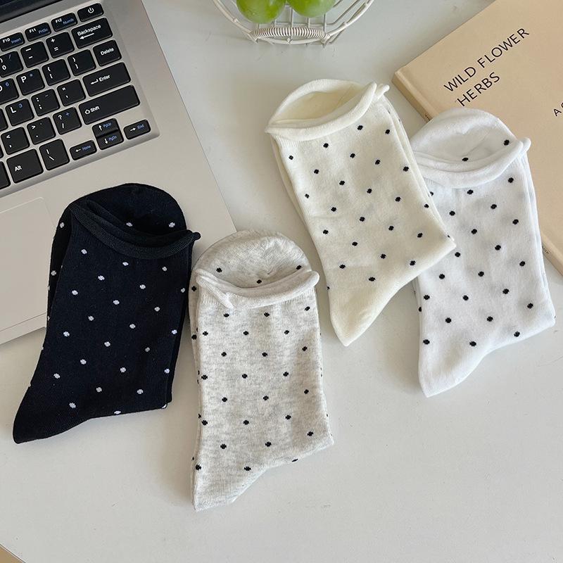 Retro Polka Dot Women's Mid-Calf Cotton Socks – Soft, Breathable, Rolled Edge Slouch Design