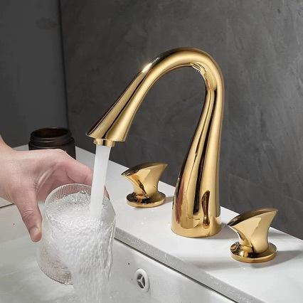 Solid Brass Gold Bathroom Basin Faucet, 3-Hole Widespread Set with Double Handles, Hot & Cold Mixer Tap for Wash Basin (Gold,Brass) золотой