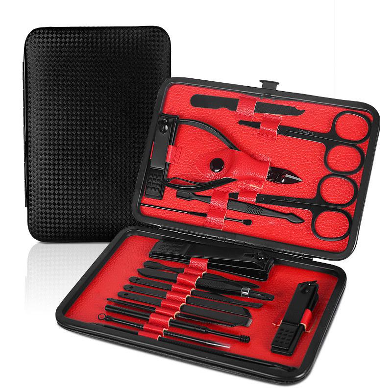 18-Piece Stainless Steel Manicure and Pedicure Set: Nail Clippers, Cuticle Nippers, and Beauty Care Tools. Grid Black 18-piece Set
