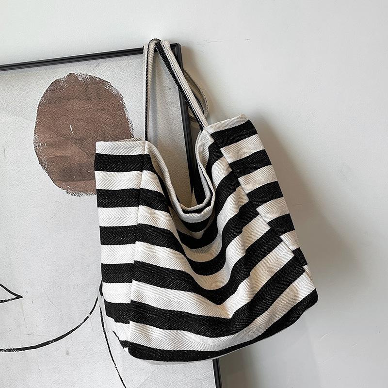 2025 new canvas bag large capacity casual versatile tote bag shopping bag striped handbag women