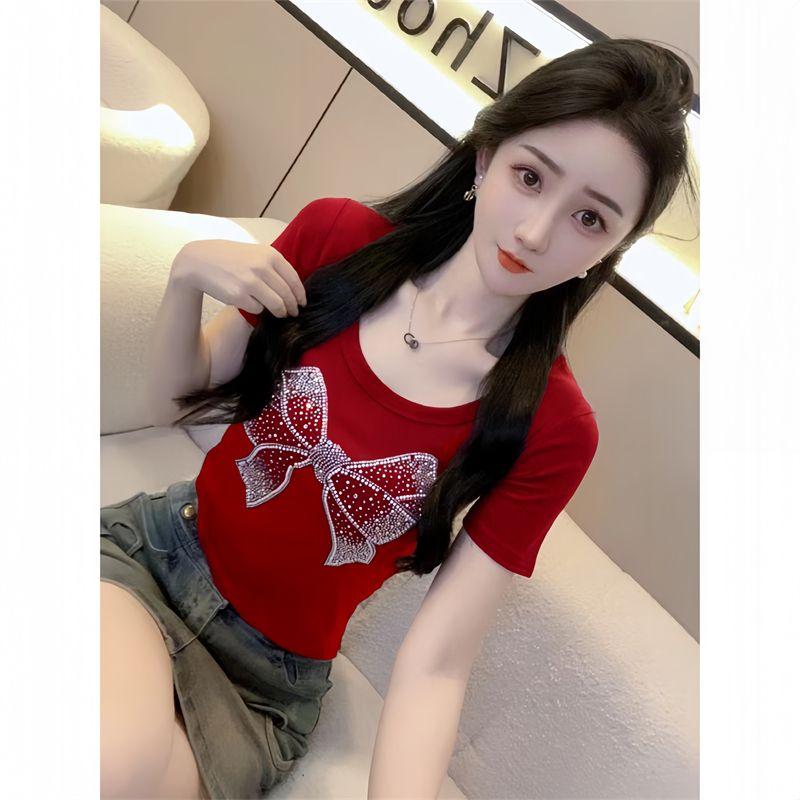 

Европейская станция Футболка с U-образным вырезом Летняя приталенная Стразы Банты Red S [recommend 40.00 kg-47.50 kg]]