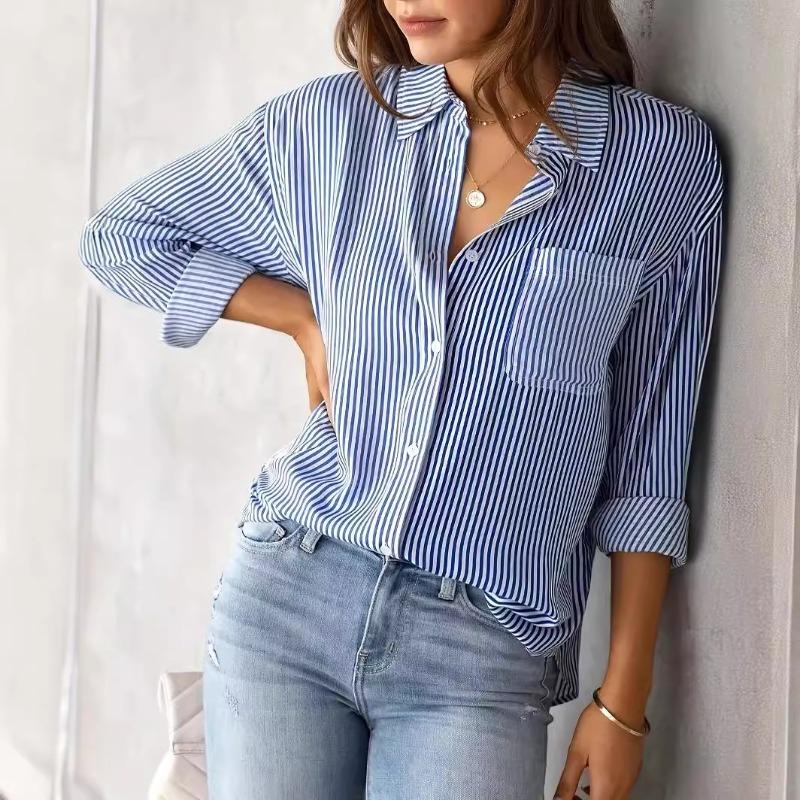 Camisas Casuais Femininas Listradas Soltas de Manga Longa
