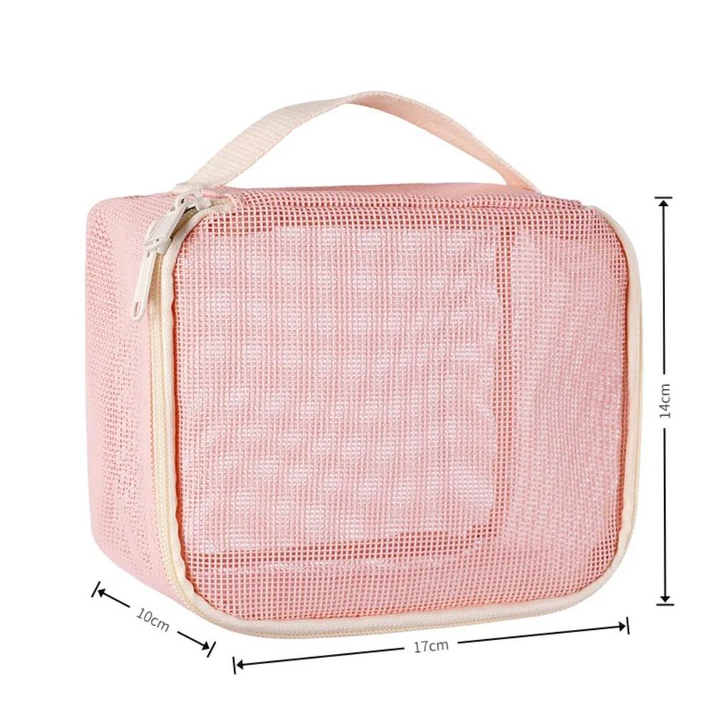 Portable Large Capacity Mesh Makeup Bag Solid Color Lightweight Cosmetic Organizer Bag Handheld Travel Makeup Pouch