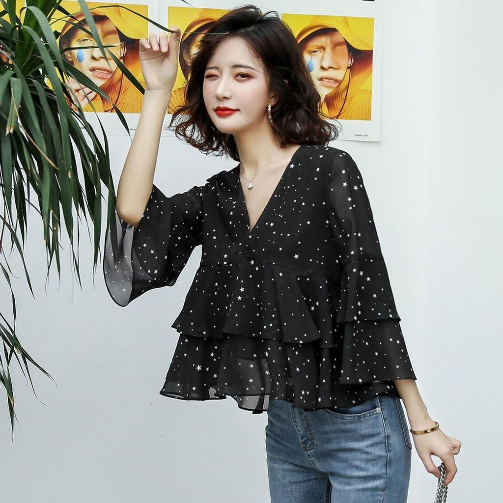 Chiffon-Top Damen Sommer Neu Sternbedruckt V-Ausschnitt Chiffon-Shirt Damen Dreiviertelarm Schwarz Vielseitige Bluse