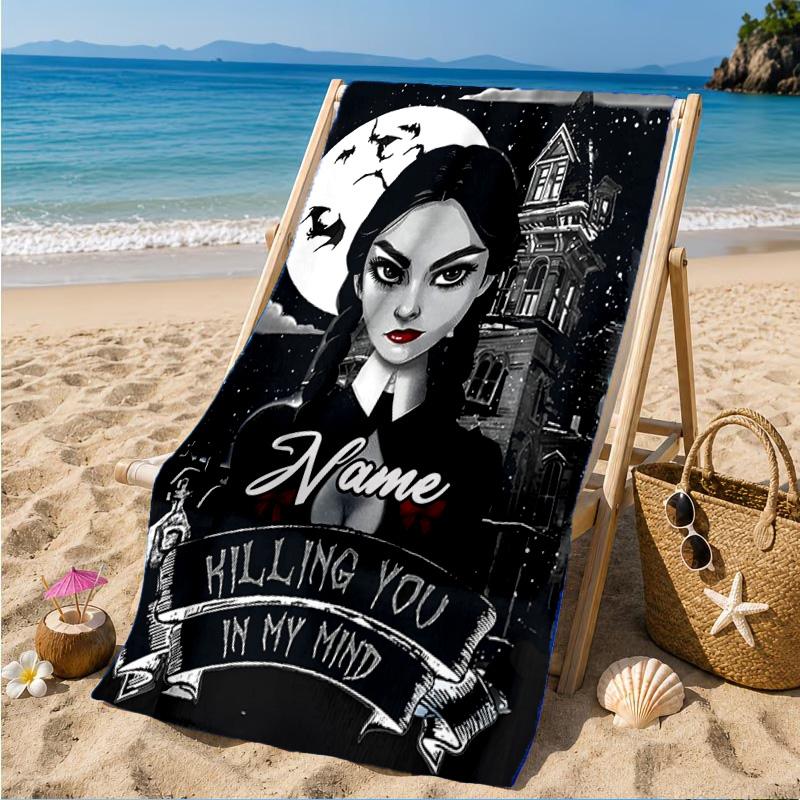 Custom Name Nightmare Addams Beach Towel Microfiber Beach Towel, Lightweight and Quick-Dry, for Summer Travel, Swimming Pool Gift