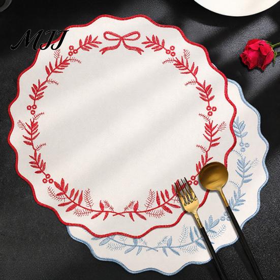 Heat Resistant Table Mats for Hot Dishes Embroidered Round Placemat, 15 Inch Scalloped Leaf Bow Embroidery Durable Fabric Kitchen Washable Insulation