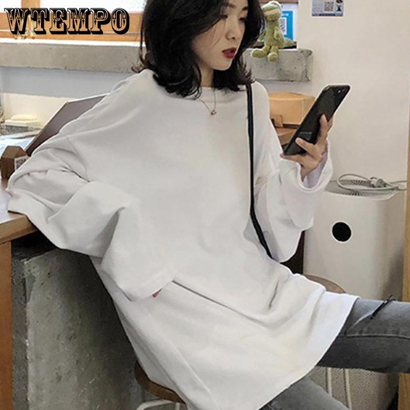 WTEMPO Spring Autumn Solid Simple O-Neck T-Shirts Harajuku Long Tops Women Casual White Yellow Long Sleeve Kawaii Tops